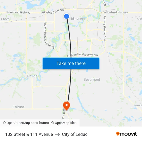 132 Street & 111 Avenue to City of Leduc map