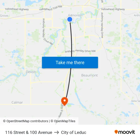 116 Street & 100 Avenue to City of Leduc map