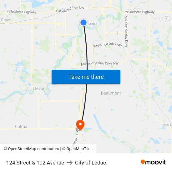 124 Street & 102 Avenue to City of Leduc map