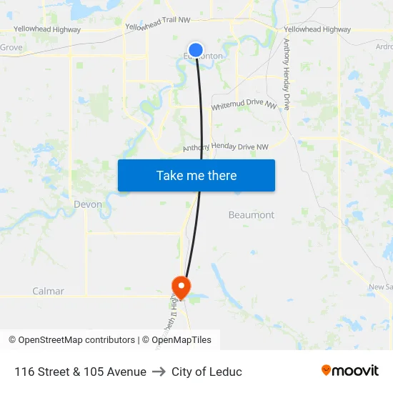 116 Street & 105 Avenue to City of Leduc map
