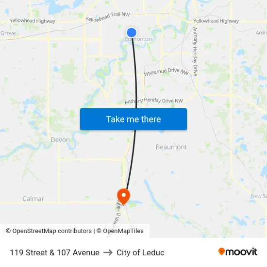 119 Street & 107 Avenue to City of Leduc map