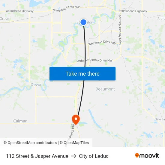 112 Street & Jasper Avenue to City of Leduc map