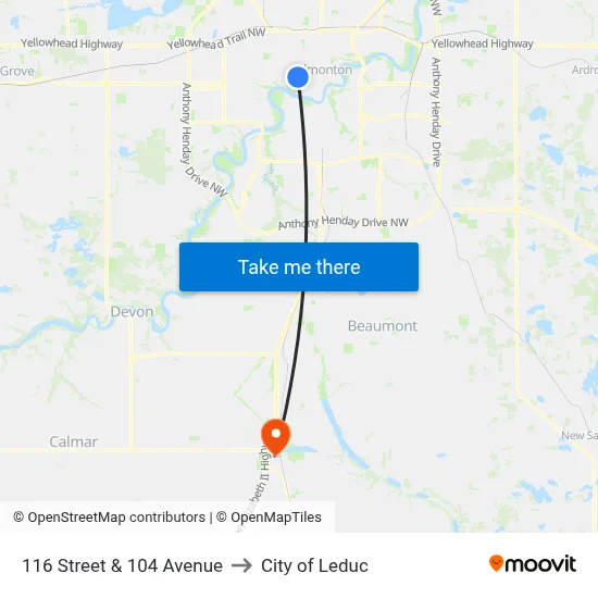 116 Street & 104 Avenue to City of Leduc map