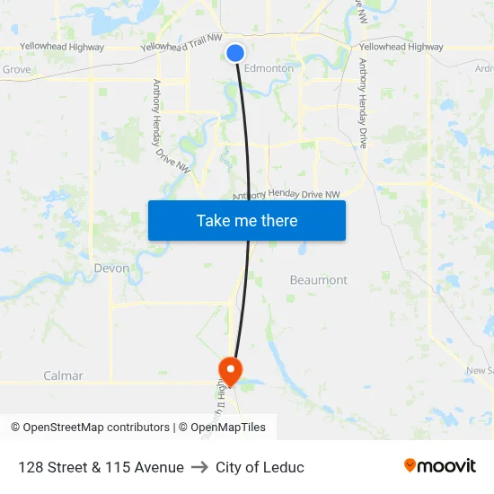 128 Street & 115 Avenue to City of Leduc map