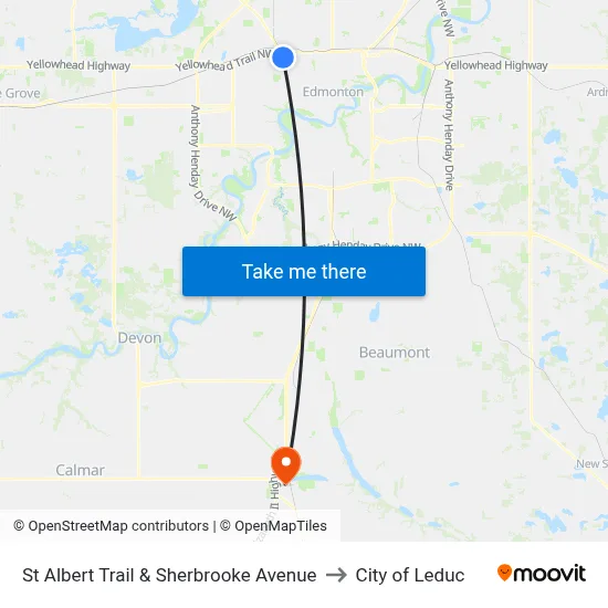 St Albert Trail & Sherbrooke Avenue to City of Leduc map