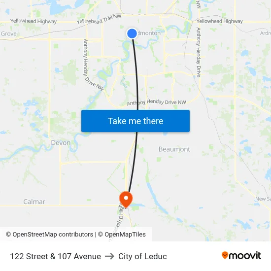 122 Street & 107 Avenue to City of Leduc map