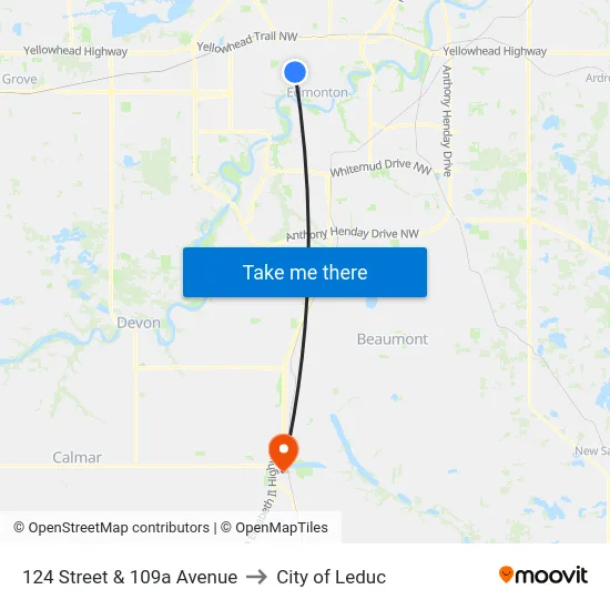 124 Street & 109a Avenue to City of Leduc map