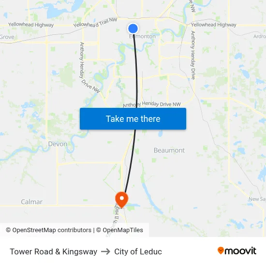 Tower Road & Kingsway to City of Leduc map