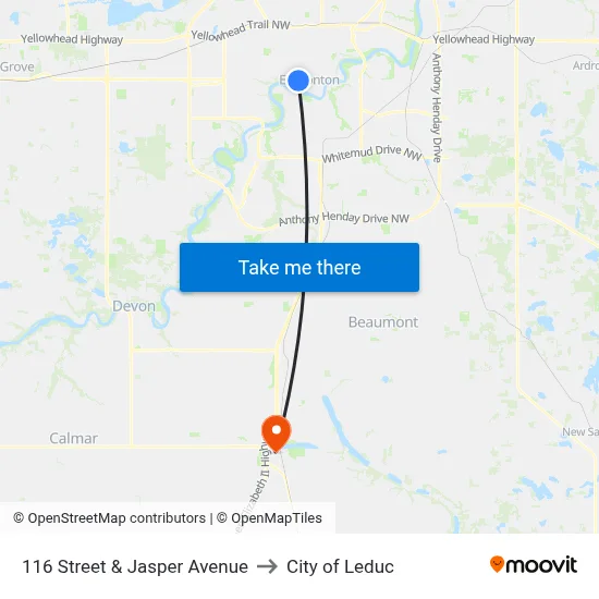 116 Street & Jasper Avenue to City of Leduc map