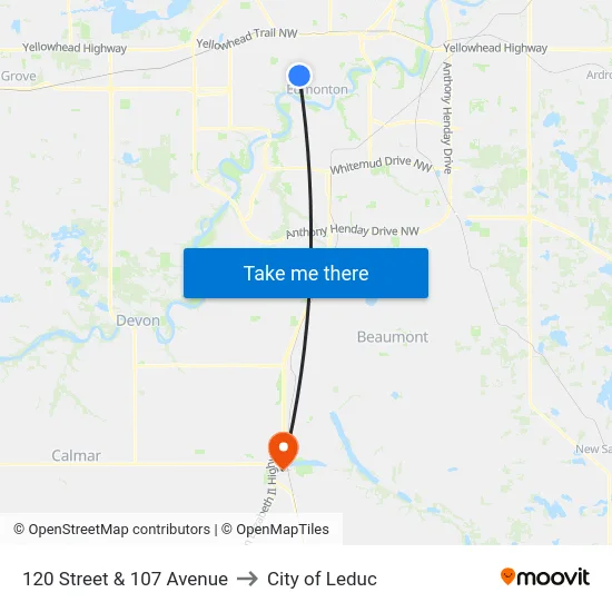120 Street & 107 Avenue to City of Leduc map