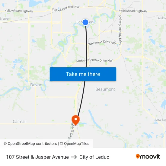 107 Street & Jasper Avenue to City of Leduc map