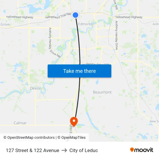 127 Street & 122 Avenue to City of Leduc map