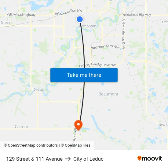 129 Street & 111 Avenue to City of Leduc map