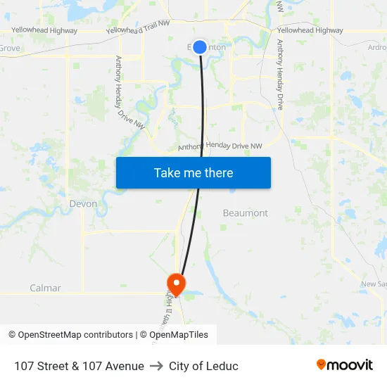 107 Street & 107 Avenue to City of Leduc map