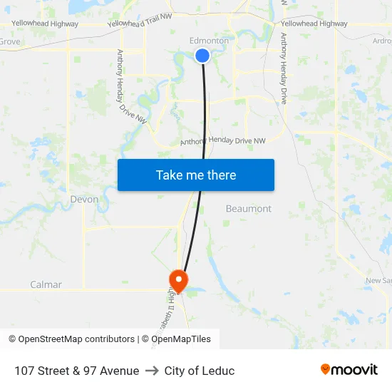 107 Street & 97 Avenue to City of Leduc map