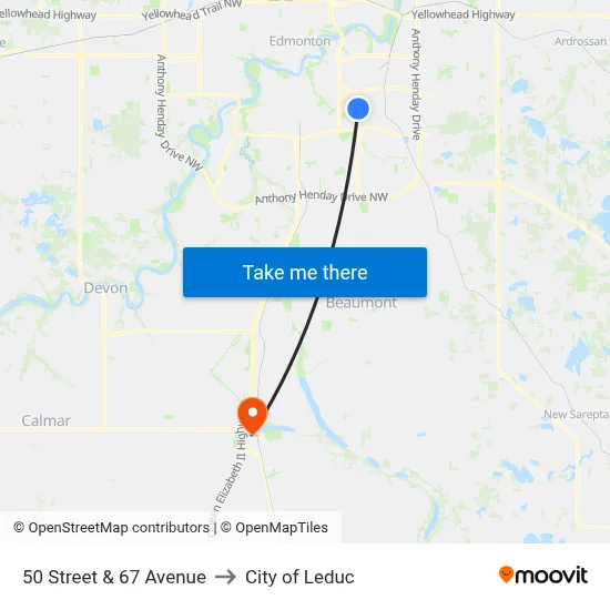 50 Street & 67 Avenue to City of Leduc map