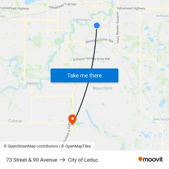 73 Street & 90 Avenue to City of Leduc map