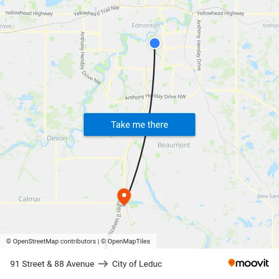 91 Street & 88 Avenue to City of Leduc map