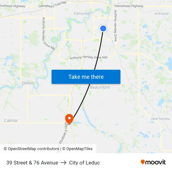 39 Street & 76 Avenue to City of Leduc map