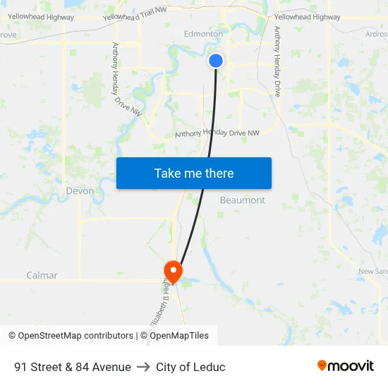 91 Street & 84 Avenue to City of Leduc map