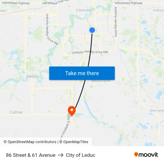 86 Street & 61 Avenue to City of Leduc map