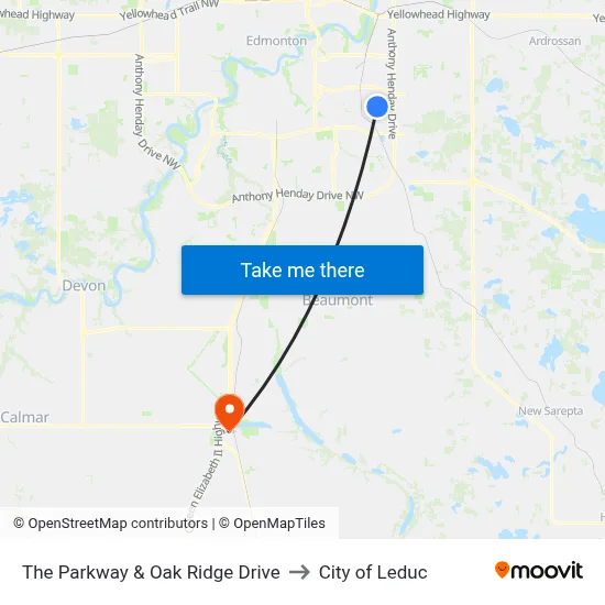 The Parkway & Oak Ridge Drive to City of Leduc map