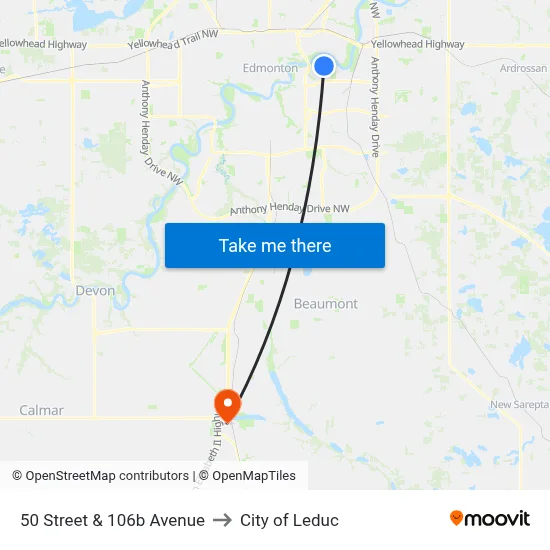 50 Street & 106b Avenue to City of Leduc map