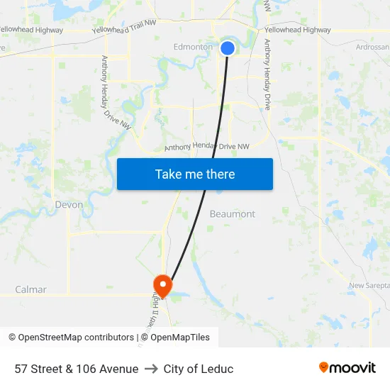 57 Street & 106 Avenue to City of Leduc map