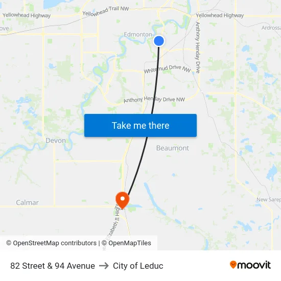 82 Street & 94 Avenue to City of Leduc map