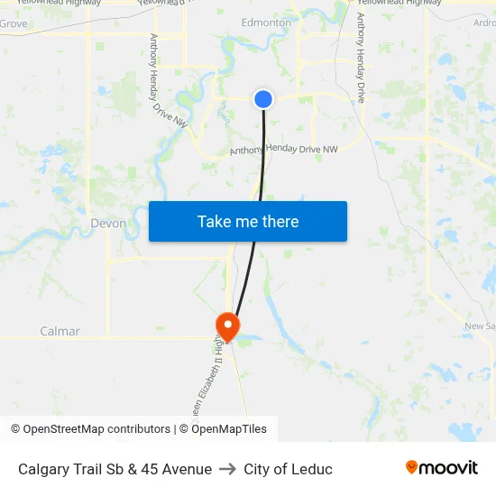 Calgary Trail Sb & 45 Avenue to City of Leduc map