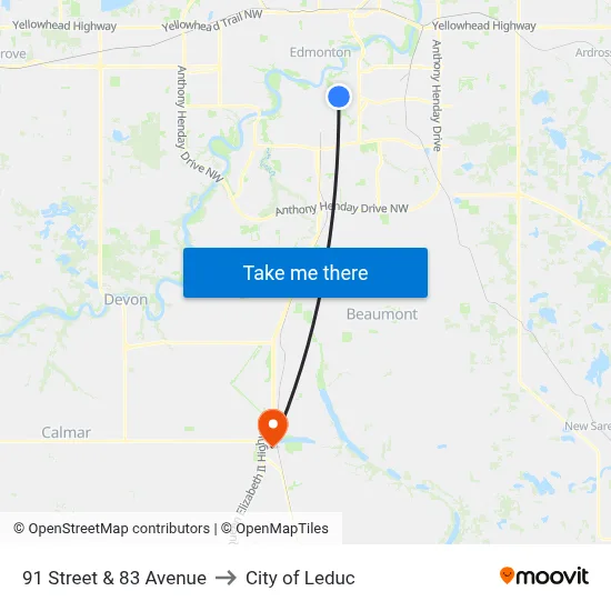 91 Street & 83 Avenue to City of Leduc map