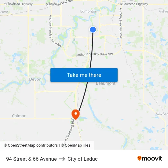 94 Street & 66 Avenue to City of Leduc map