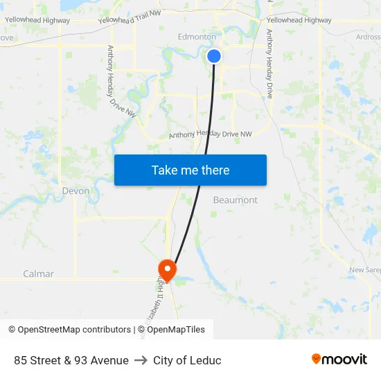 85 Street & 93 Avenue to City of Leduc map