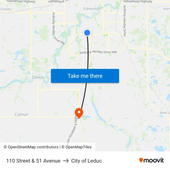 110 Street & 51 Avenue to City of Leduc map