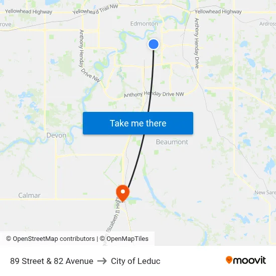 89 Street & 82 Avenue to City of Leduc map