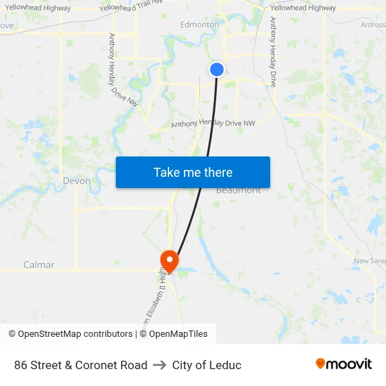 86 Street & Coronet Road to City of Leduc map