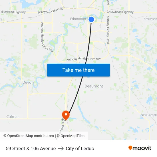 59 Street & 106 Avenue to City of Leduc map
