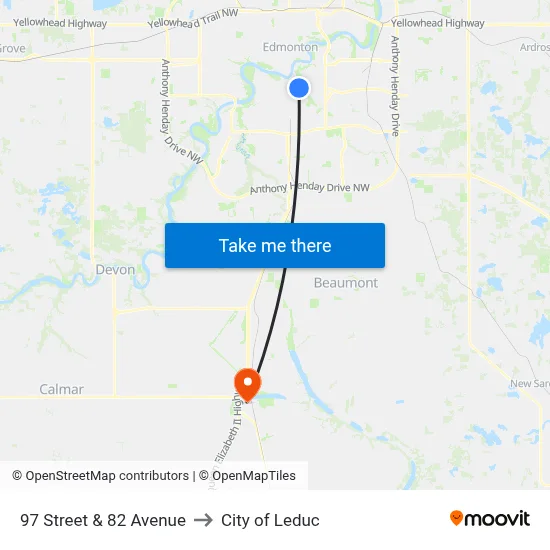 97 Street & 82 Avenue to City of Leduc map