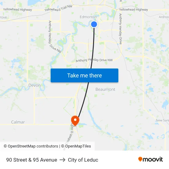 90 Street & 95 Avenue to City of Leduc map