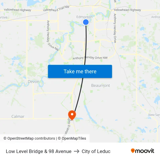 Low Level Bridge & 98 Avenue to City of Leduc map