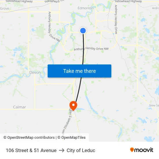 106 Street & 51 Avenue to City of Leduc map