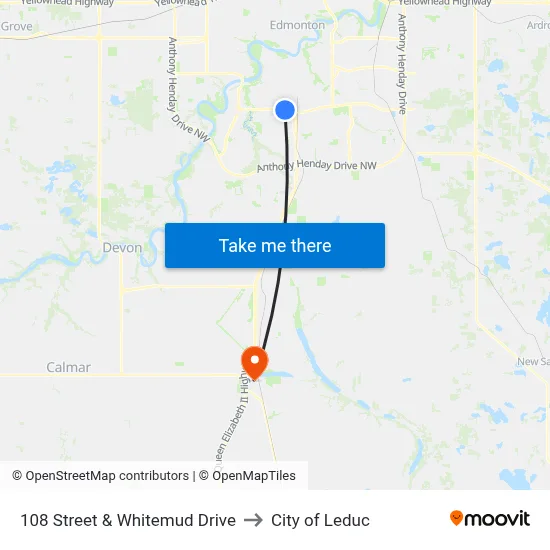 108 Street & Whitemud Drive to City of Leduc map