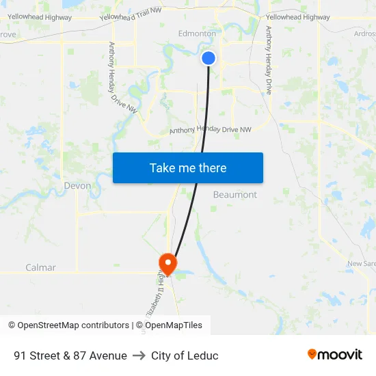 91 Street & 87 Avenue to City of Leduc map