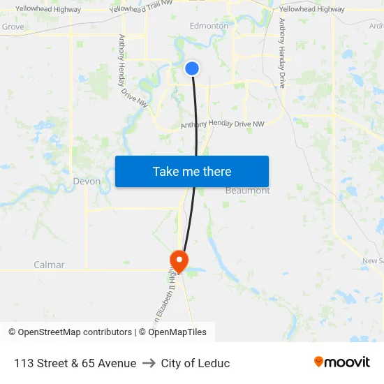 113 Street & 65 Avenue to City of Leduc map
