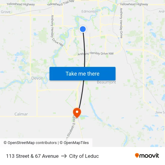 113 Street & 67 Avenue to City of Leduc map
