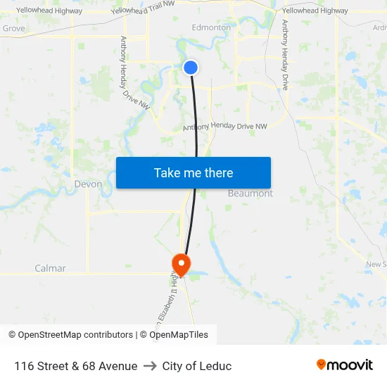 116 Street & 68 Avenue to City of Leduc map