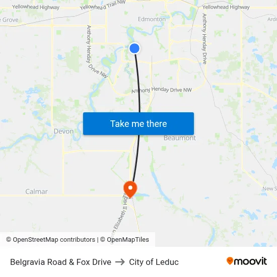 Belgravia Road & Fox Drive to City of Leduc map