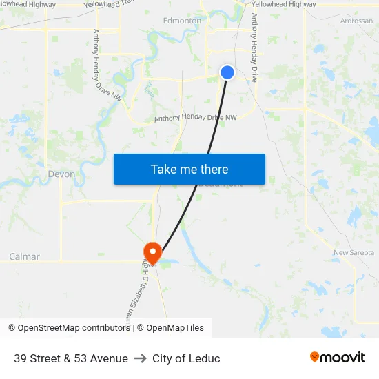 39 Street & 53 Avenue to City of Leduc map