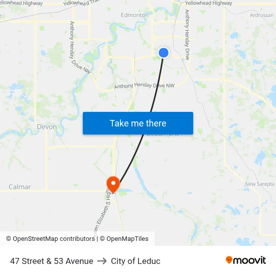 47 Street & 53 Avenue to City of Leduc map