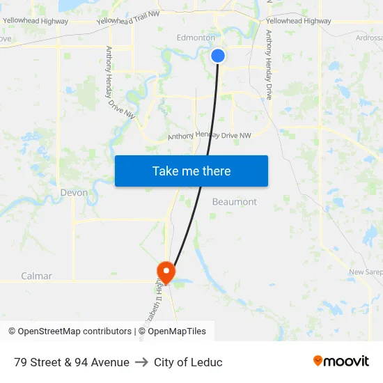 79 Street & 94 Avenue to City of Leduc map
